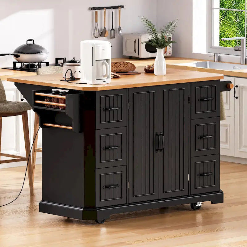 Isola da cucina da 56 pollici con piano a ribalta in impiallacciatura di legno di caucciù (sgabelli esclusi)