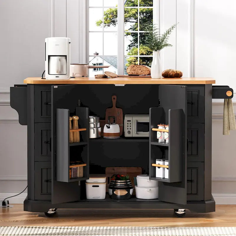 Isola da cucina da 56 pollici con piano a ribalta in impiallacciatura di legno di caucciù (sgabelli esclusi)