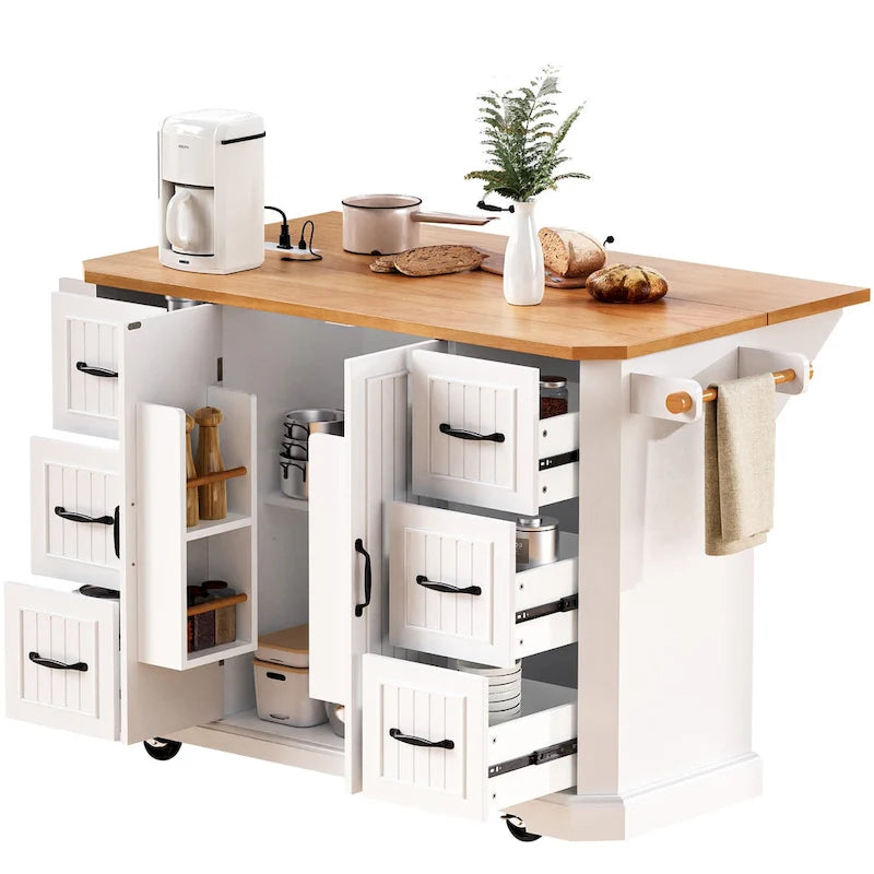 Isola da cucina da 56 pollici con piano a ribalta in impiallacciatura di legno di caucciù (sgabelli esclusi)