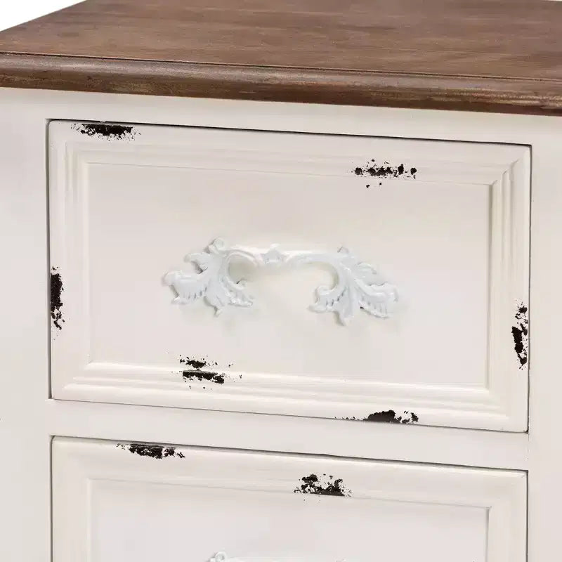 Comodino a 2 cassetti Levron con bicolore e legno anticato Noce/Bianco Antico - Baxton Studio: Tavolino contenitore da comodino