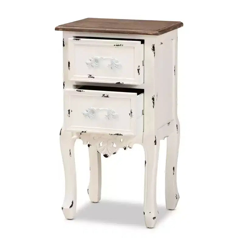 Comodino a 2 cassetti Levron con bicolore e legno anticato Noce/Bianco Antico - Baxton Studio: Tavolino contenitore da comodino