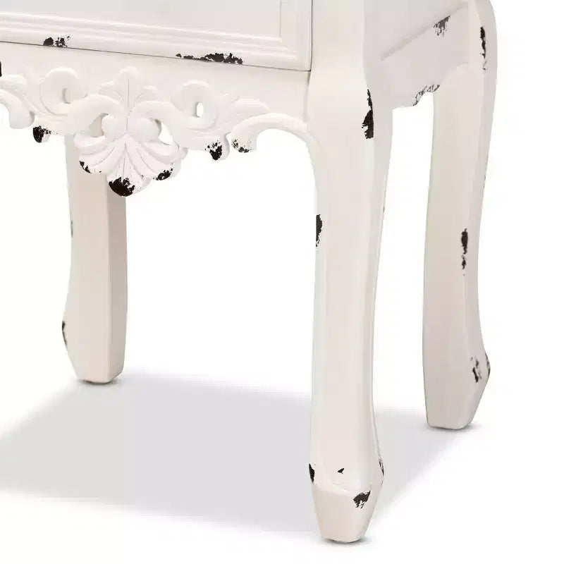 Comodino a 2 cassetti Levron con bicolore e legno anticato Noce/Bianco Antico - Baxton Studio: Tavolino contenitore da comodino