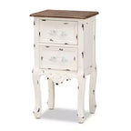 Comodino a 2 cassetti Levron con bicolore e legno anticato Noce/Bianco Antico - Baxton Studio: Tavolino contenitore da comodino