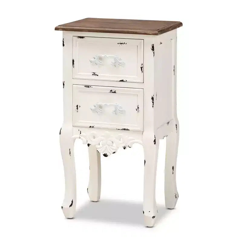 Comodino a 2 cassetti Levron con bicolore e legno anticato Noce/Bianco Antico - Baxton Studio: Tavolino contenitore da comodino