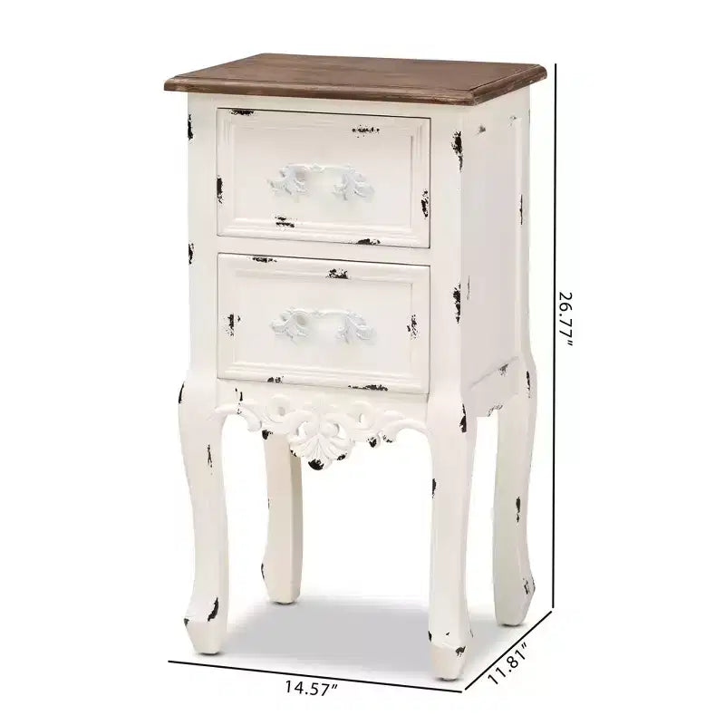 Comodino a 2 cassetti Levron con bicolore e legno anticato Noce/Bianco Antico - Baxton Studio: Tavolino contenitore da comodino
