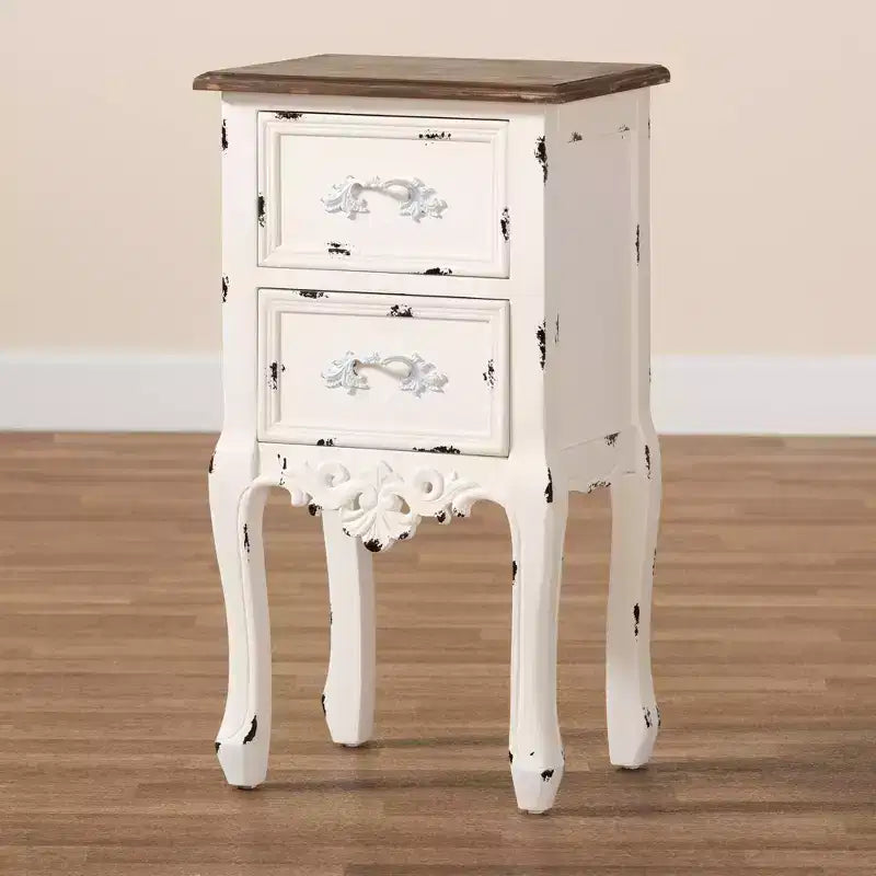 Comodino a 2 cassetti Levron con bicolore e legno anticato Noce/Bianco Antico - Baxton Studio: Tavolino contenitore da comodino