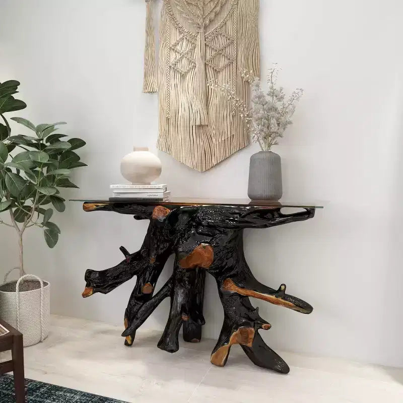 Console en teck contemporaine couleur or – Olivia & May : Table d'entrée robuste, aucun assemblage requis