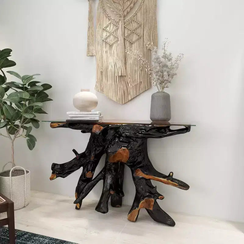 Console en teck contemporaine couleur or – Olivia & May : Table d'entrée robuste, aucun assemblage requis