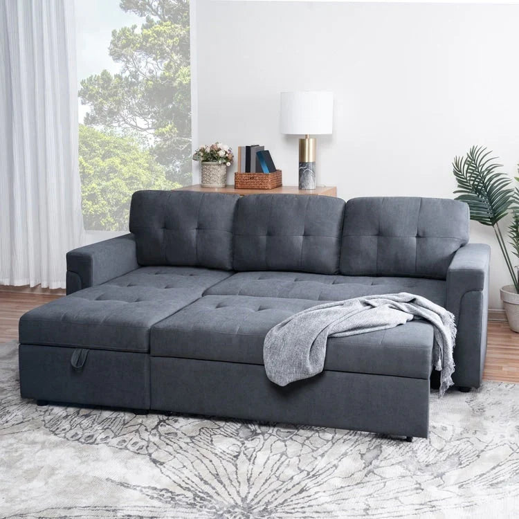 Divano componibile convertibile reversibile con letto estraibile, chaise longue con contenitore nascosto e gambe durevoli