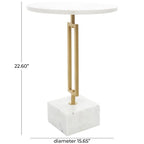 Tavolino d'appoggio/laterale geometrico in marmo con base rettangolare in metallo dorato - Bianco