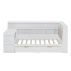 Divano Letto a "L" in Legno con Scrivania, Mobile Libreria, Letto Angolare con Cassetti Sottostanti, Testiera Imbottita con Luce Integrata