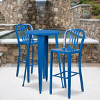 Set da tavolo da bar rotondo in metallo per interni ed esterni Flash Furniture di grado commerciale da 24 pollici con 2 sgabelli con schienale a doghe verticali