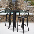 Set da tavolo da bar rotondo in metallo per interni ed esterni Flash Furniture di grado commerciale da 24 pollici con 2 sgabelli con schienale a doghe verticali
