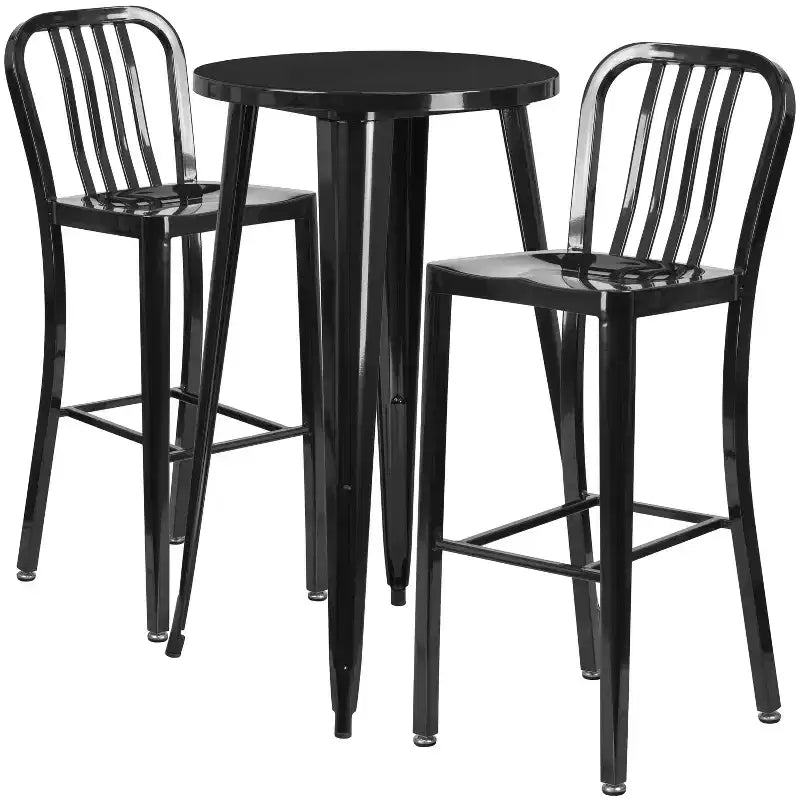 Set da tavolo da bar rotondo in metallo per interni ed esterni Flash Furniture di grado commerciale da 24 pollici con 2 sgabelli con schienale a doghe verticali