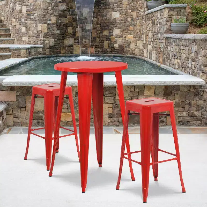 Flash Furniture Tavolo da Bar Rotondo da 24 Pollici in Metallo per Interni ed Esterni con 2 Sgabelli Senza Schienale con Seduta Quadrata