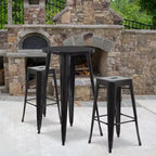 Flash Furniture Tavolo da Bar Rotondo da 24 Pollici in Metallo per Interni ed Esterni con 2 Sgabelli Senza Schienale con Seduta Quadrata