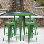 Set tavolo da bar rotondo da 30 per interni-esterni in metallo di grado commerciale Flash Furniture con 4 sgabelli senza schienale con sedile quadrato