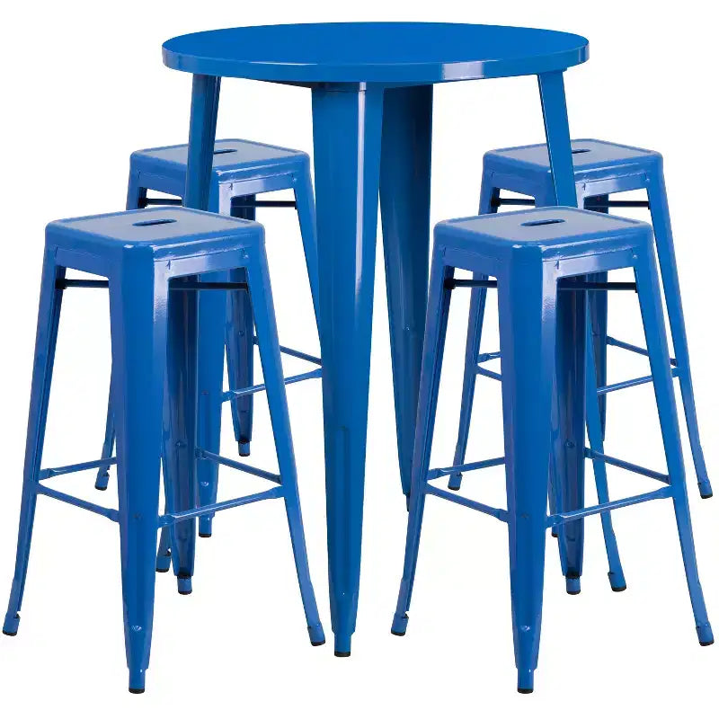 Ensemble table de bar ronde en métal de 76 cm de diamètre, qualité commerciale, pour intérieur et extérieur, avec 4 tabourets carrés sans dossier de Flash Furniture