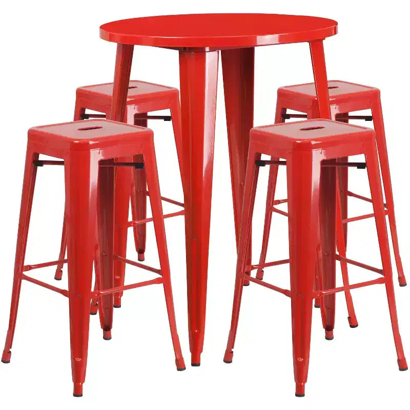 Ensemble table de bar ronde en métal de 76 cm de diamètre, qualité commerciale, pour intérieur et extérieur, avec 4 tabourets carrés sans dossier de Flash Furniture