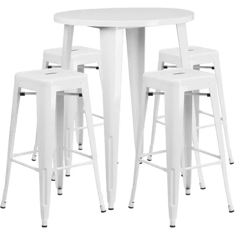 Ensemble table de bar ronde en métal de 76 cm de diamètre, qualité commerciale, pour intérieur et extérieur, avec 4 tabourets carrés sans dossier de Flash Furniture