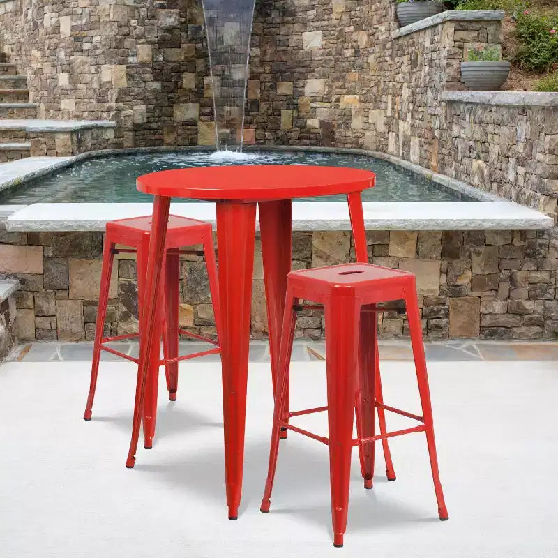 Flash Furniture Table de bar ronde 30'' en métal de qualité commerciale pour l'intérieur et l'extérieur avec 2 tabourets sans dossier à assise carrée