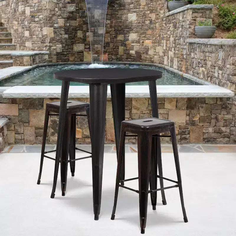 Flash Furniture Table de bar ronde 30'' en métal de qualité commerciale pour l'intérieur et l'extérieur avec 2 tabourets sans dossier à assise carrée
