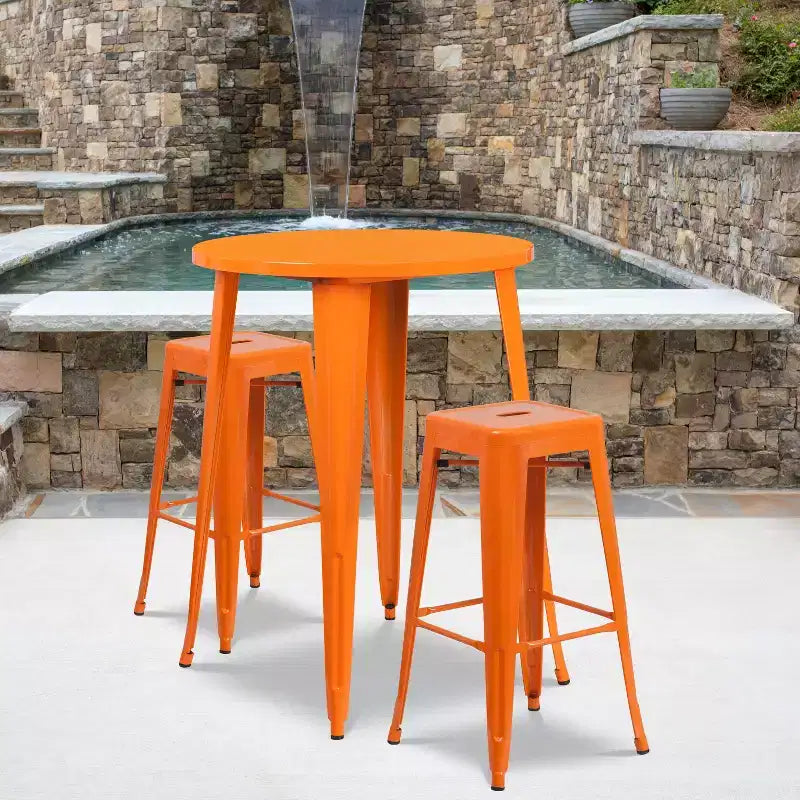 Flash Furniture Table de bar ronde 30'' en métal de qualité commerciale pour l'intérieur et l'extérieur avec 2 tabourets sans dossier à assise carrée