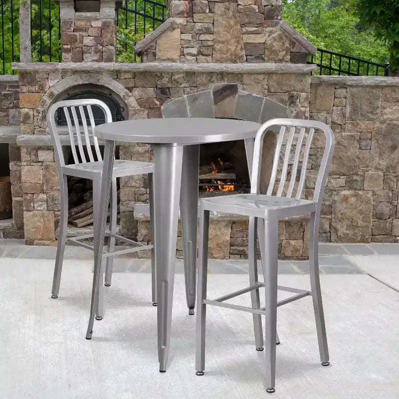 Ensemble de table de bar ronde en métal de 30 po de qualité commerciale Flash Furniture avec 2 tabourets à dossier à lattes verticales pour l'intérieur et l'extérieur
