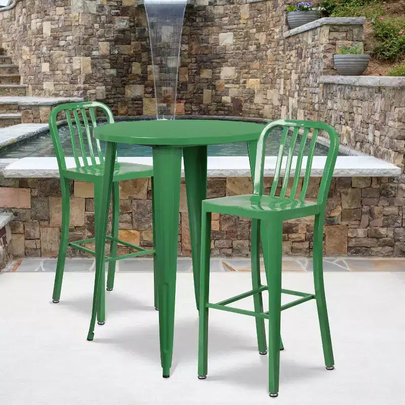 Ensemble de table de bar ronde en métal de 30 po de qualité commerciale Flash Furniture avec 2 tabourets à dossier à lattes verticales pour l'intérieur et l'extérieur