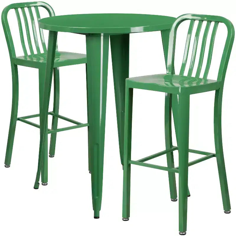 Ensemble de table de bar ronde en métal de 30 po de qualité commerciale Flash Furniture avec 2 tabourets à dossier à lattes verticales pour l'intérieur et l'extérieur