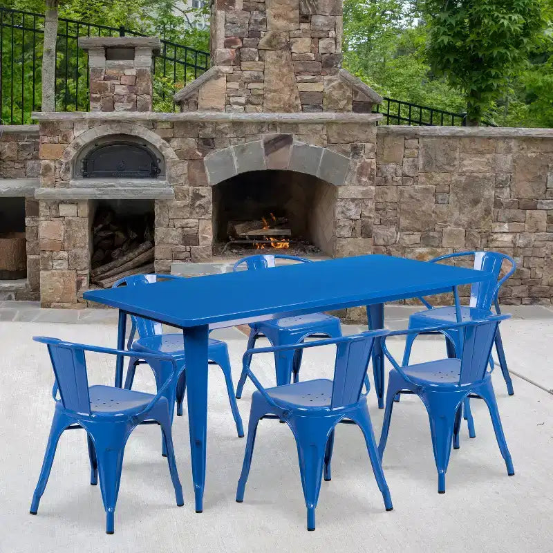 Set Tavolo Rettangolare per Interni ed Esterni in Metallo 80x160 cm con 6 Poltroncine, Grado Commerciale Flash Furniture