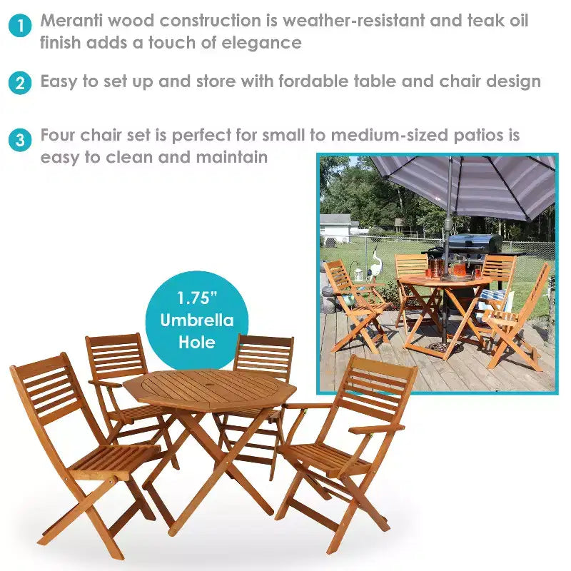 Set da pranzo da esterno pieghevole Sunnydaze con tavolo e sedie in legno Meranti con finitura a olio di teak - Marrone - 5 pz
