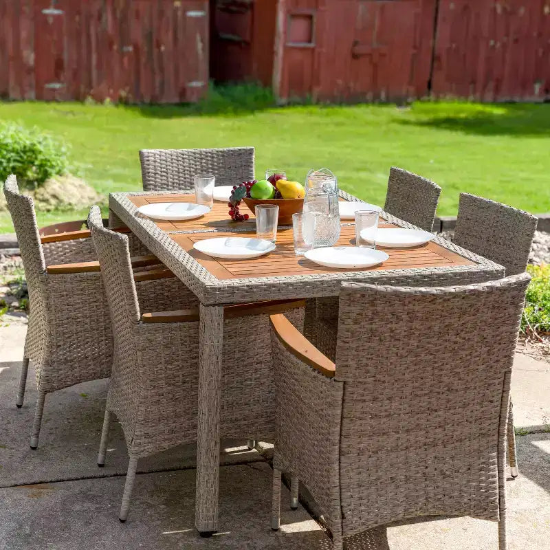 Sunnydaze Set da pranzo da esterno Foxford con tavolo, sedie e cuscini in rattan e legno di acacia - Grigio - 7 pezzi