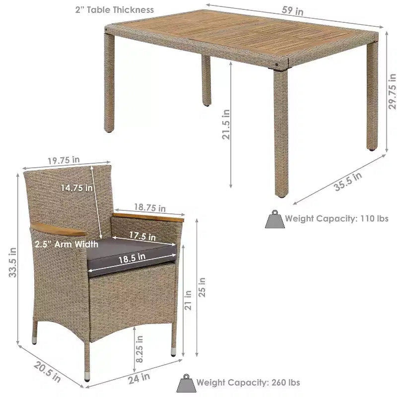 Sunnydaze Set da pranzo da esterno Foxford con tavolo, sedie e cuscini in rattan e legno di acacia - Grigio - 7 pezzi