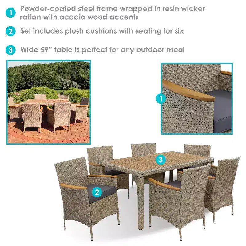 Sunnydaze Set da pranzo da esterno Foxford con tavolo, sedie e cuscini in rattan e legno di acacia - Grigio - 7 pezzi
