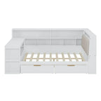 Divano Letto a "L" in Legno con Scrivania, Mobile Libreria, Letto Angolare con Cassetti Sottostanti, Testiera Imbottita con Luce Integrata
