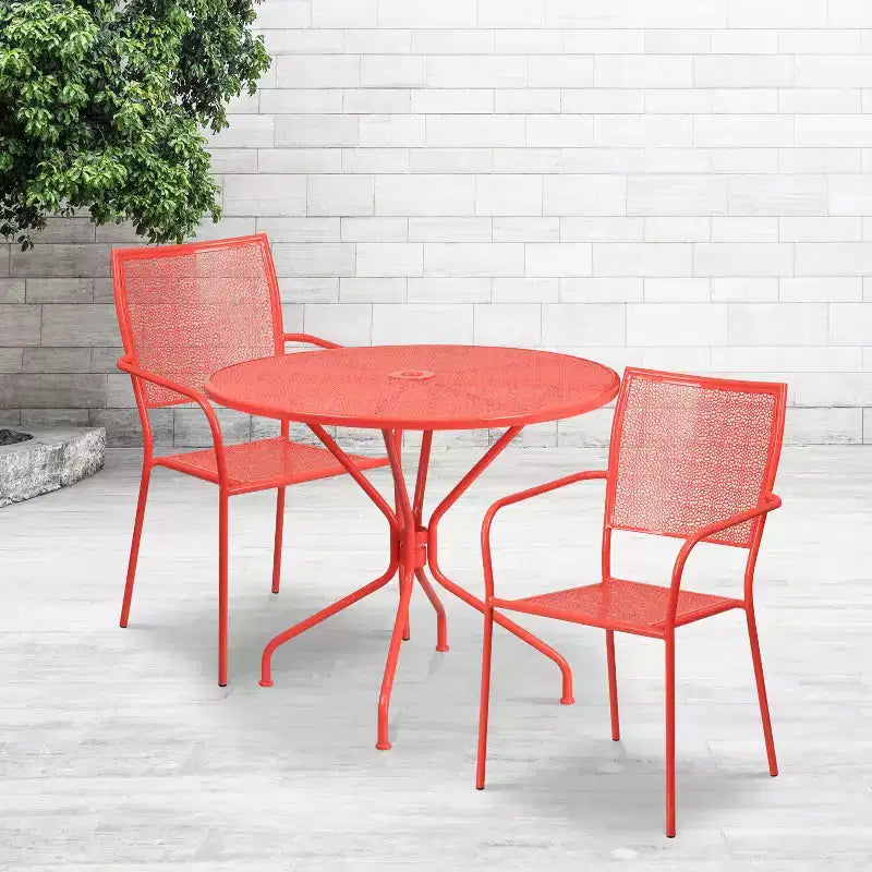 Tavolo da Patio in Acciaio Rotondo da 35,25 Pollici per Interni/Esterni di Grado Commerciale Flash Furniture Oia con 2 Sedie con Schienale Quadrato