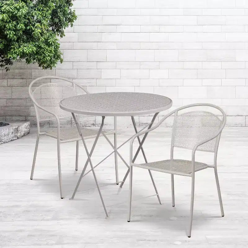Set tavolo da patio pieghevole in acciaio Flash Furniture Oia commerciale, rotondo da 30", per interni/esterni, con 2 sedie con schienale rotondo