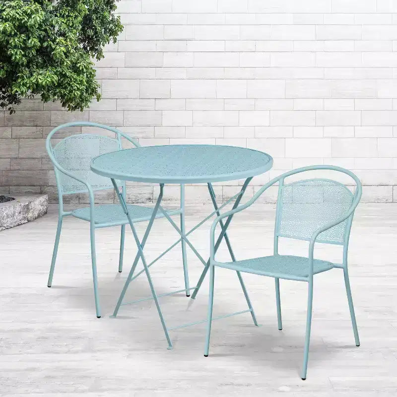 Set tavolo da patio pieghevole in acciaio Flash Furniture Oia commerciale, rotondo da 30", per interni/esterni, con 2 sedie con schienale rotondo