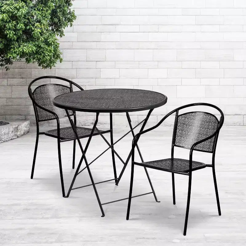 Set tavolo da patio pieghevole in acciaio Flash Furniture Oia commerciale, rotondo da 30", per interni/esterni, con 2 sedie con schienale rotondo