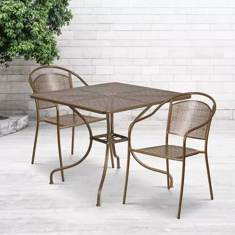 Set tavolo da patio Flash Furniture Oia commerciale da 35,5 pollici quadrato in acciaio per interni ed esterni con 2 sedie con schienale rotondo