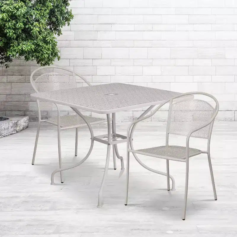 Set tavolo da patio Flash Furniture Oia commerciale da 35,5 pollici quadrato in acciaio per interni ed esterni con 2 sedie con schienale rotondo