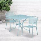 Set tavolo da patio Flash Furniture Oia commerciale da 35,5 pollici quadrato in acciaio per interni ed esterni con 2 sedie con schienale rotondo