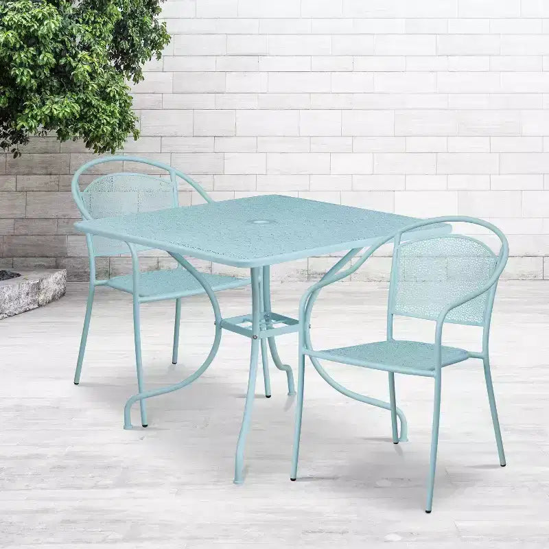 Set tavolo da patio Flash Furniture Oia commerciale da 35,5 pollici quadrato in acciaio per interni ed esterni con 2 sedie con schienale rotondo