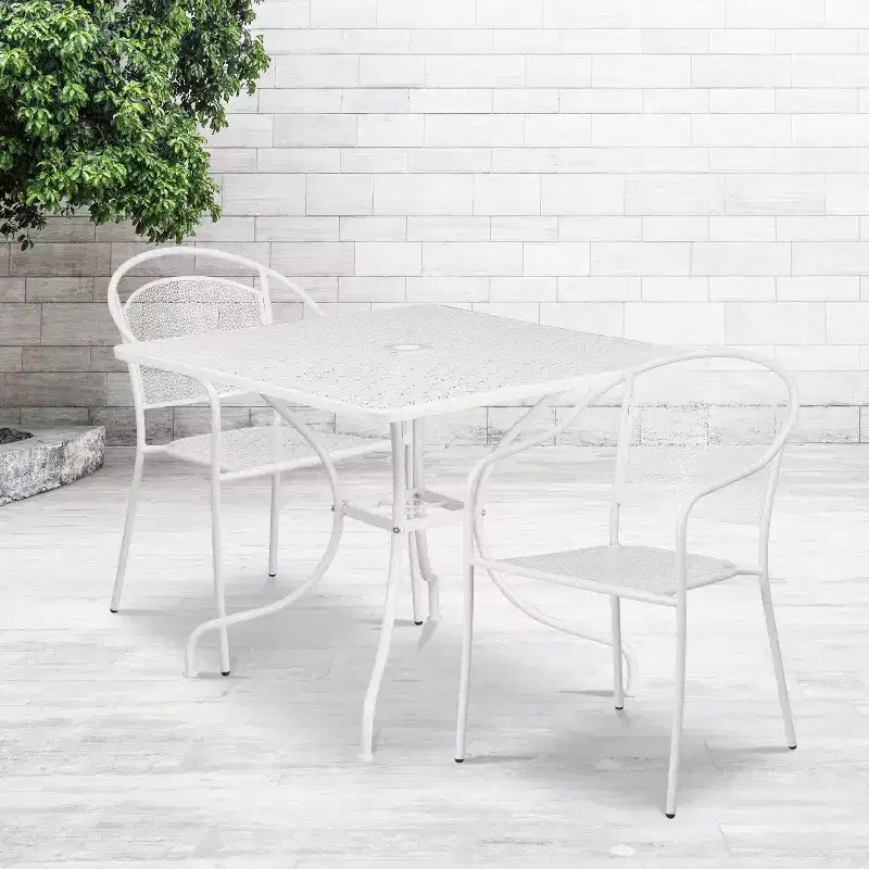 Set tavolo da patio Flash Furniture Oia commerciale da 35,5 pollici quadrato in acciaio per interni ed esterni con 2 sedie con schienale rotondo