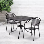 Set tavolo da patio Flash Furniture Oia commerciale da 35,5 pollici quadrato in acciaio per interni ed esterni con 2 sedie con schienale rotondo