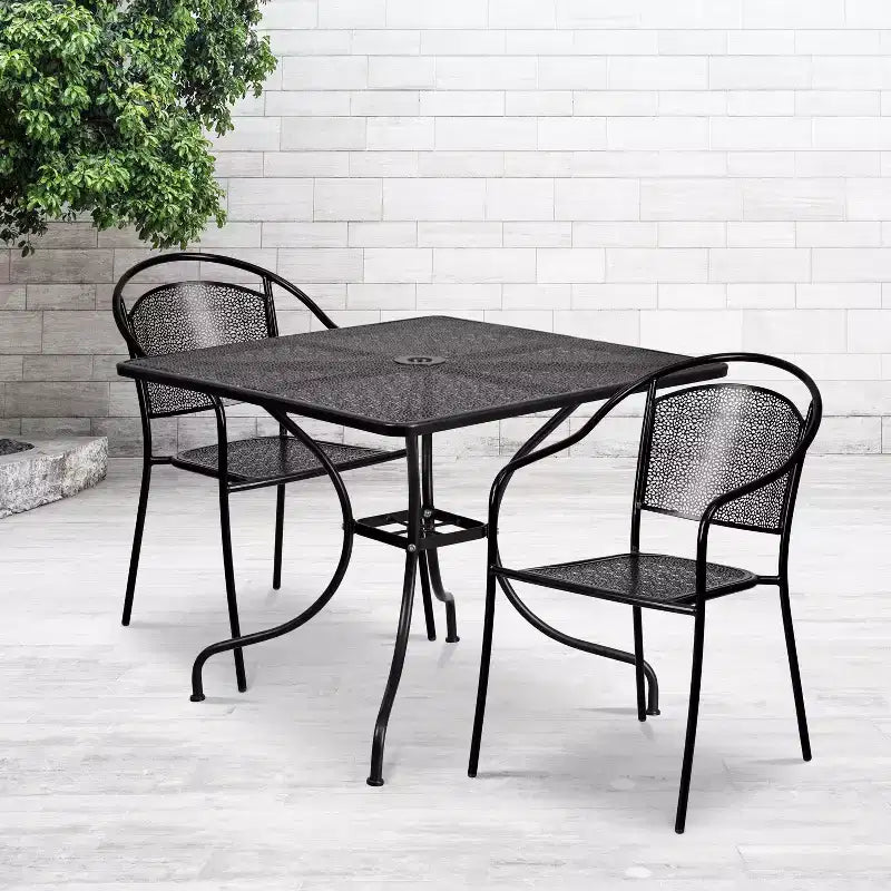 Set tavolo da patio Flash Furniture Oia commerciale da 35,5 pollici quadrato in acciaio per interni ed esterni con 2 sedie con schienale rotondo