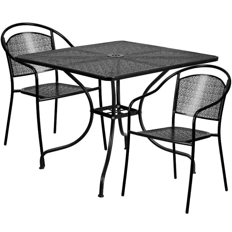 Set tavolo da patio Flash Furniture Oia commerciale da 35,5 pollici quadrato in acciaio per interni ed esterni con 2 sedie con schienale rotondo