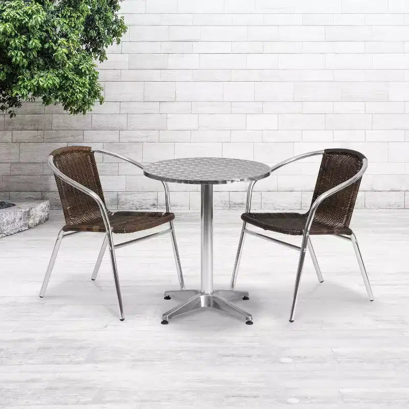 Set da tavola Flash Furniture Lila rotondo da 23,5" in alluminio per interni-esterni con 2 sedie in rattan