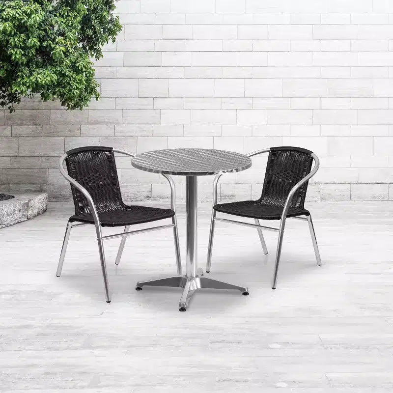 Set da tavola Flash Furniture Lila rotondo da 23,5" in alluminio per interni-esterni con 2 sedie in rattan